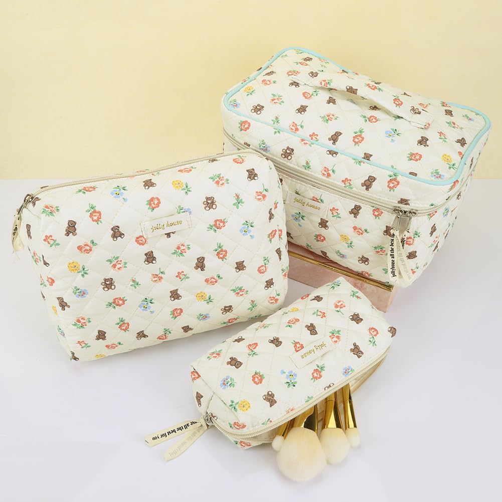 3-Piece Quilted Makeup & Toiletry Bag Set