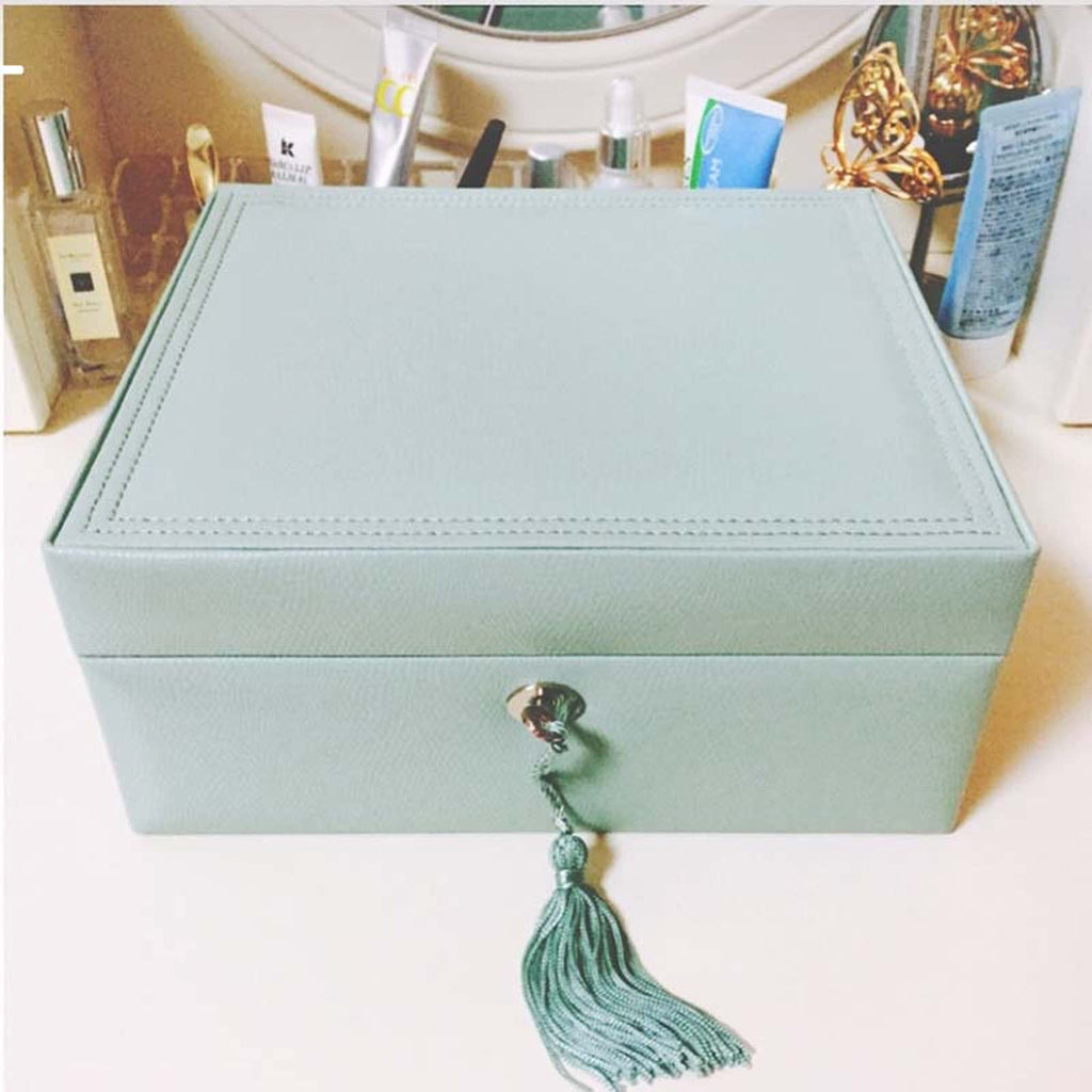 Jewelry case 2 Tier Large Capacity Jewelry Box Pu Leather Jewelry Organizer with Mirror & Lock, Earring Ring Necklace Storage Box Gift for Girls or Women Jewelry Box (Blu)