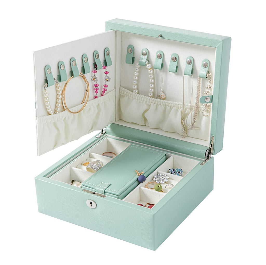Jewelry case 2 Tier Large Capacity Jewelry Box Pu Leather Jewelry Organizer with Mirror & Lock, Earring Ring Necklace Storage Box Gift for Girls or Women Jewelry Box (Blu)