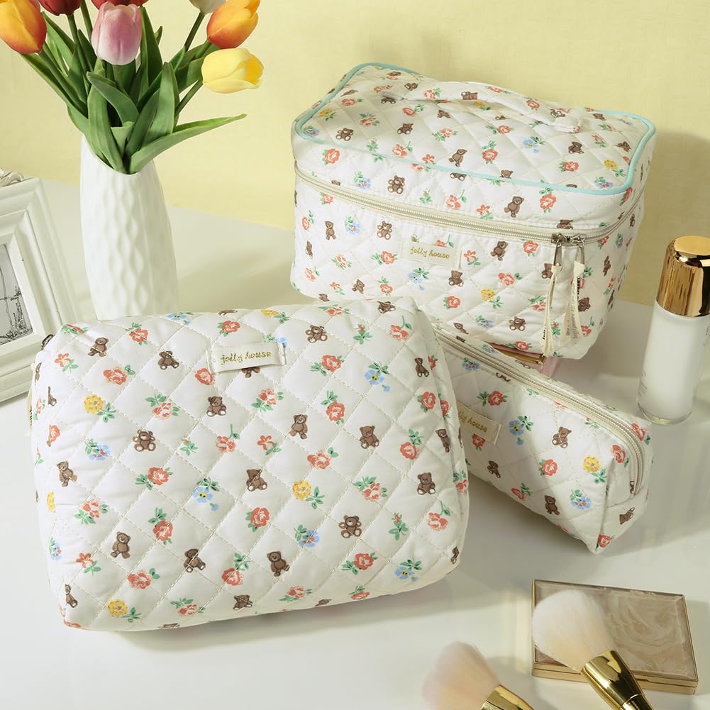 3-Piece Quilted Makeup & Toiletry Bag Set