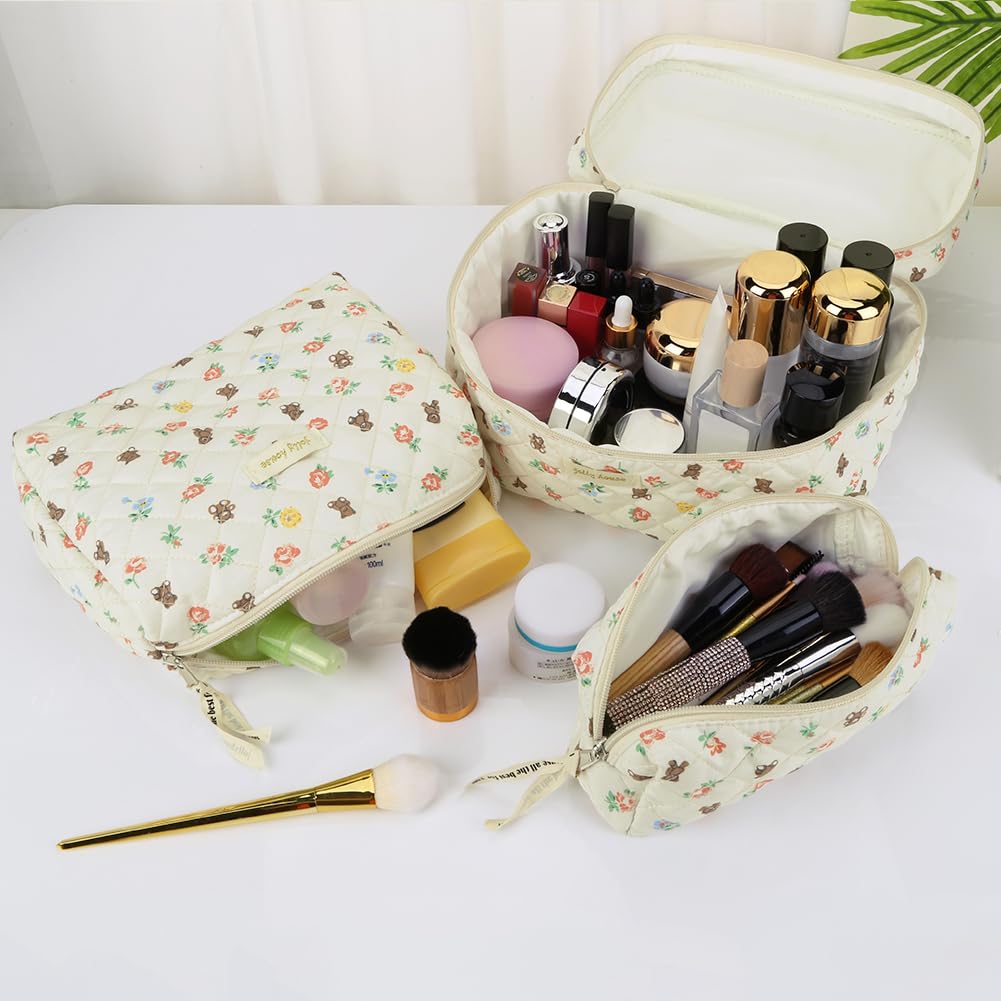 3-Piece Quilted Makeup & Toiletry Bag Set