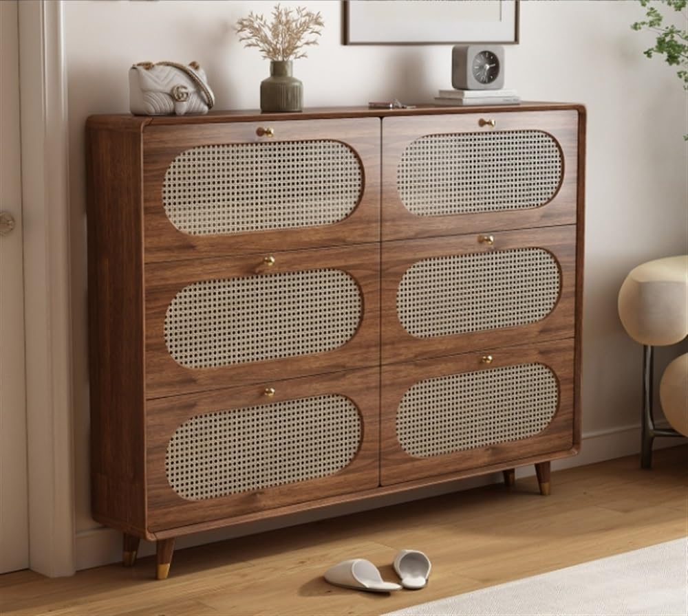 Rattan Shoe Cabinet with 6 Flip Drawers