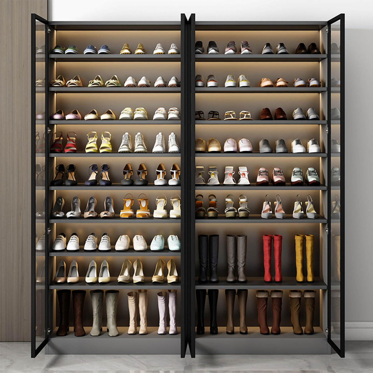 LED Shoe Cabinet with Glass Doors & Adjustable Shelves