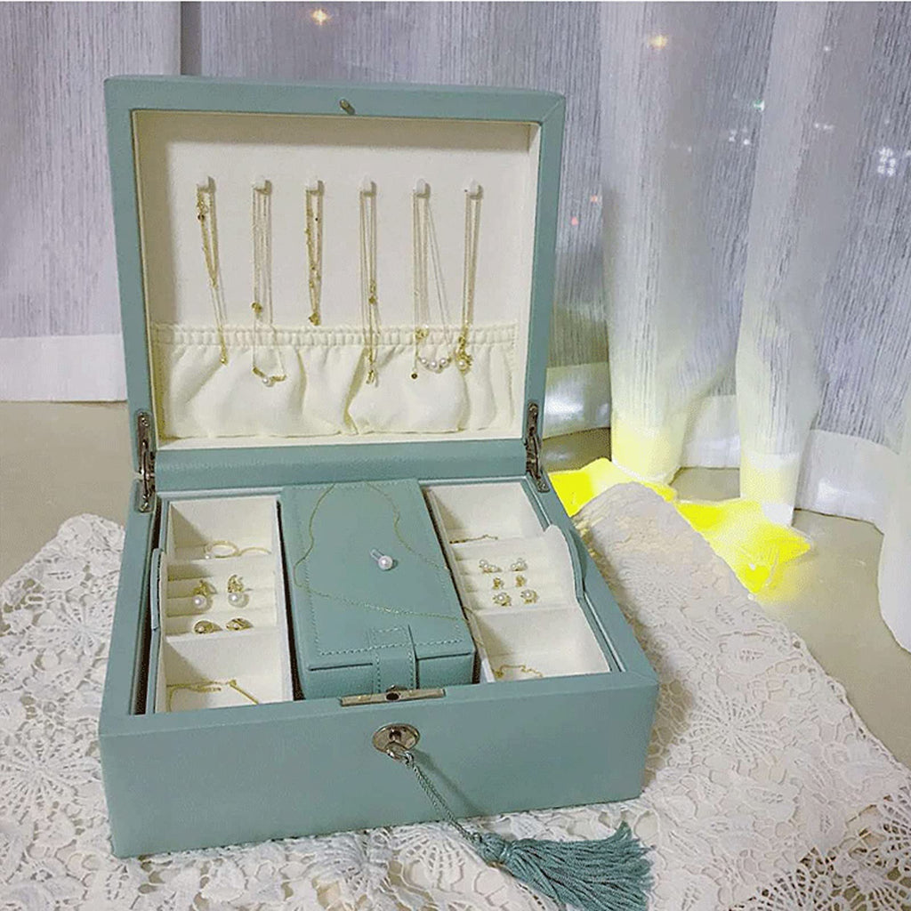 Jewelry case 2 Tier Large Capacity Jewelry Box Pu Leather Jewelry Organizer with Mirror & Lock, Earring Ring Necklace Storage Box Gift for Girls or Women Jewelry Box (Blu)