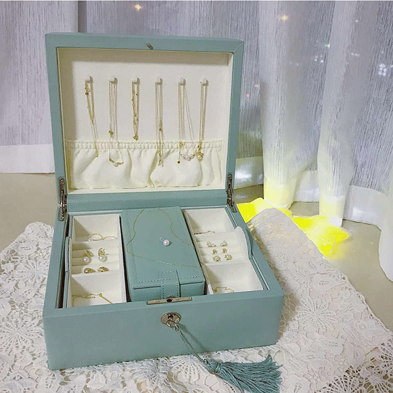 Jewelry case 2 Tier Large Capacity Jewelry Box Pu Leather Jewelry Organizer with Mirror & Lock, Earring Ring Necklace Storage Box Gift for Girls or Women Jewelry Box (Blu)