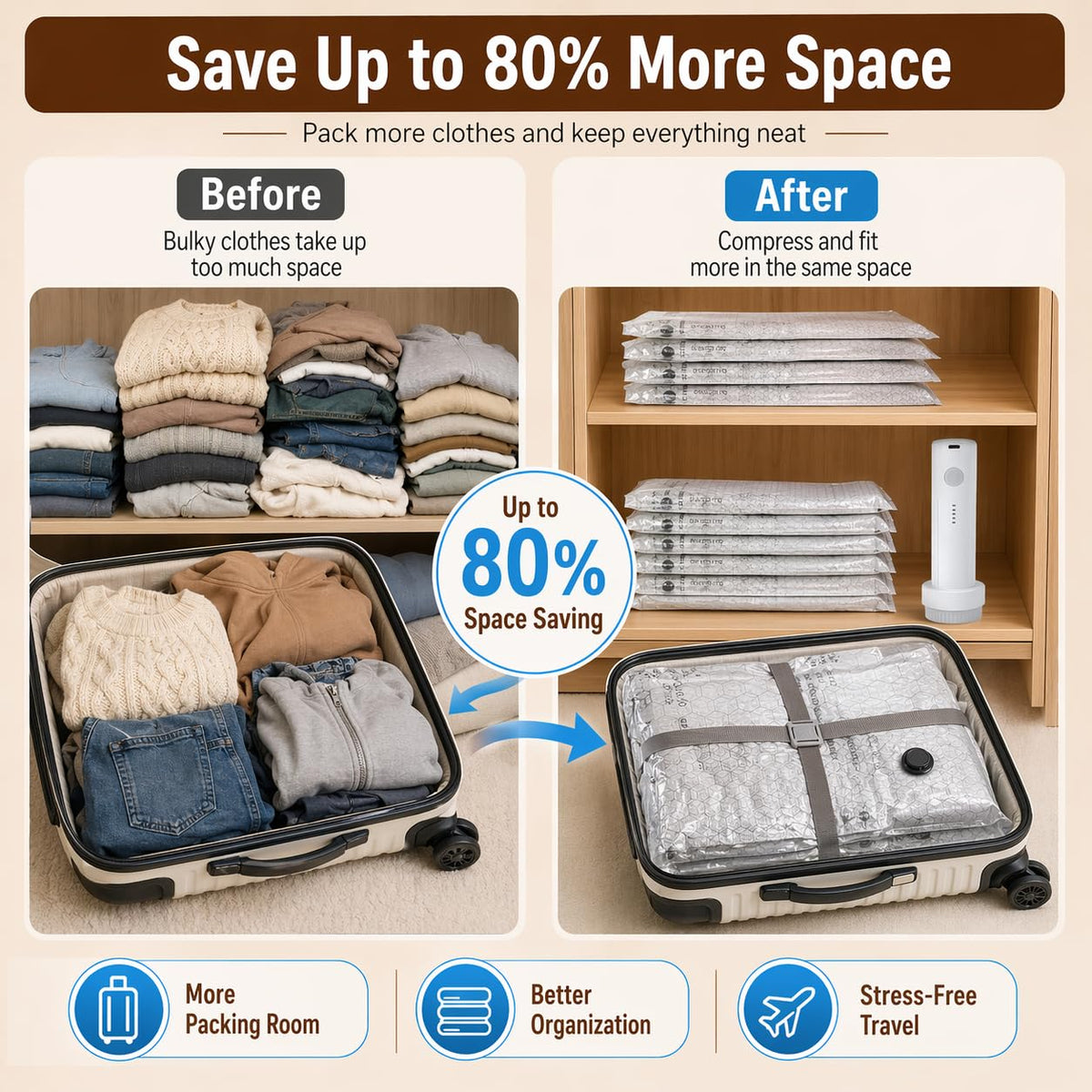 Travel Vacuum Storage Bags with Cordless Pump