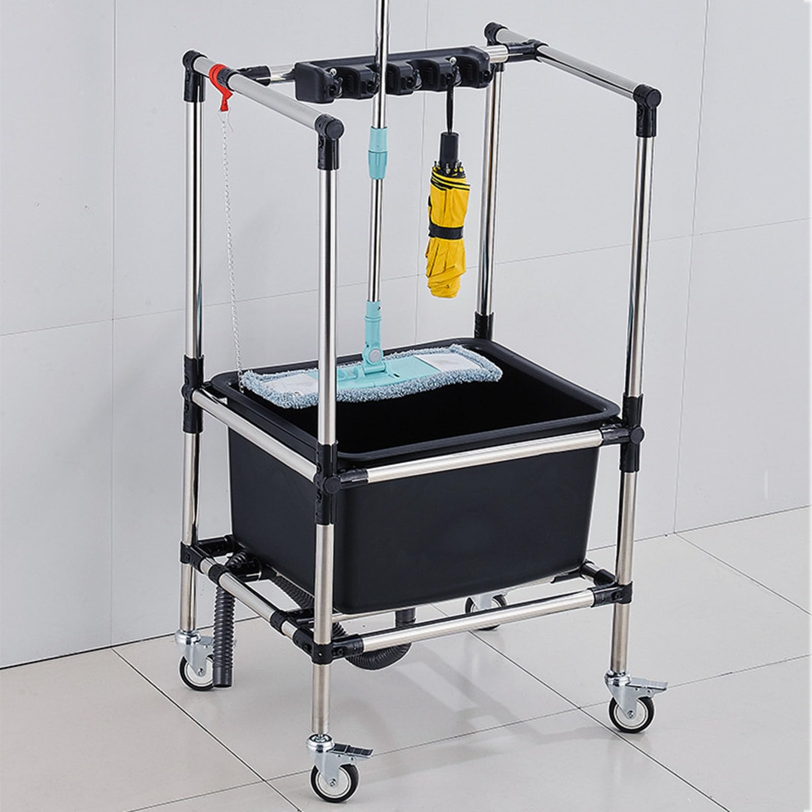 Rolling Broom & Mop Organizer with Hooks