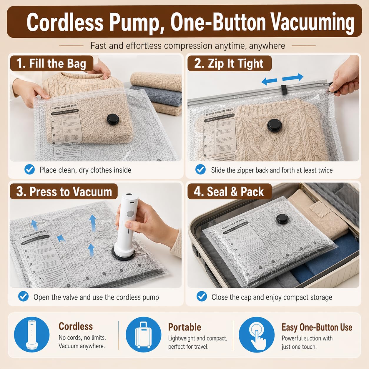 Travel Vacuum Storage Bags with Cordless Pump