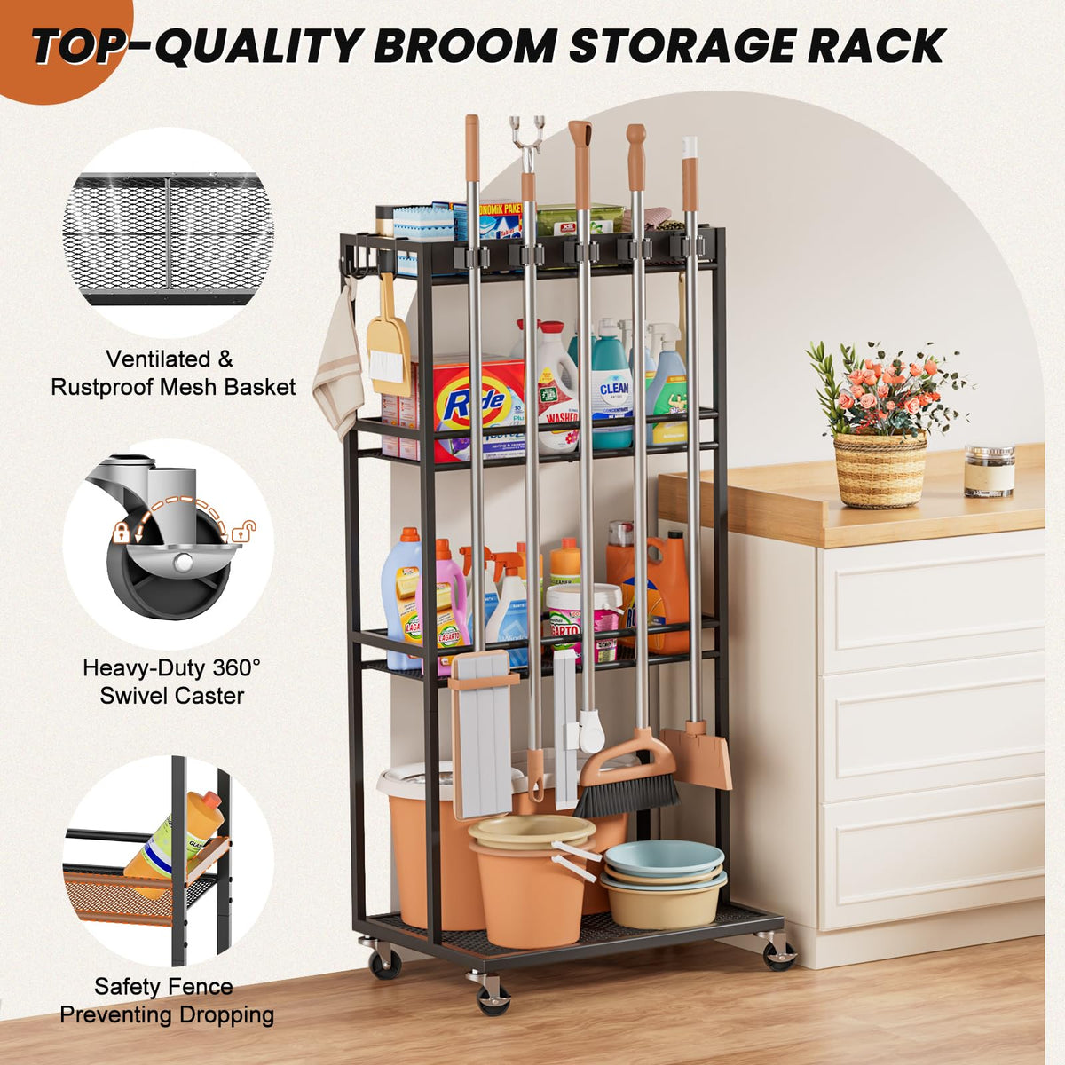 Broom Holder with Cleaning Supplies Organizer, Broom Closet Storage Cabinet with Mop Hanger Gripper Rack Hooks, Cleaning Housekeeping Janitorial Cart with Cleaning Caddy, Laundry Room Organization