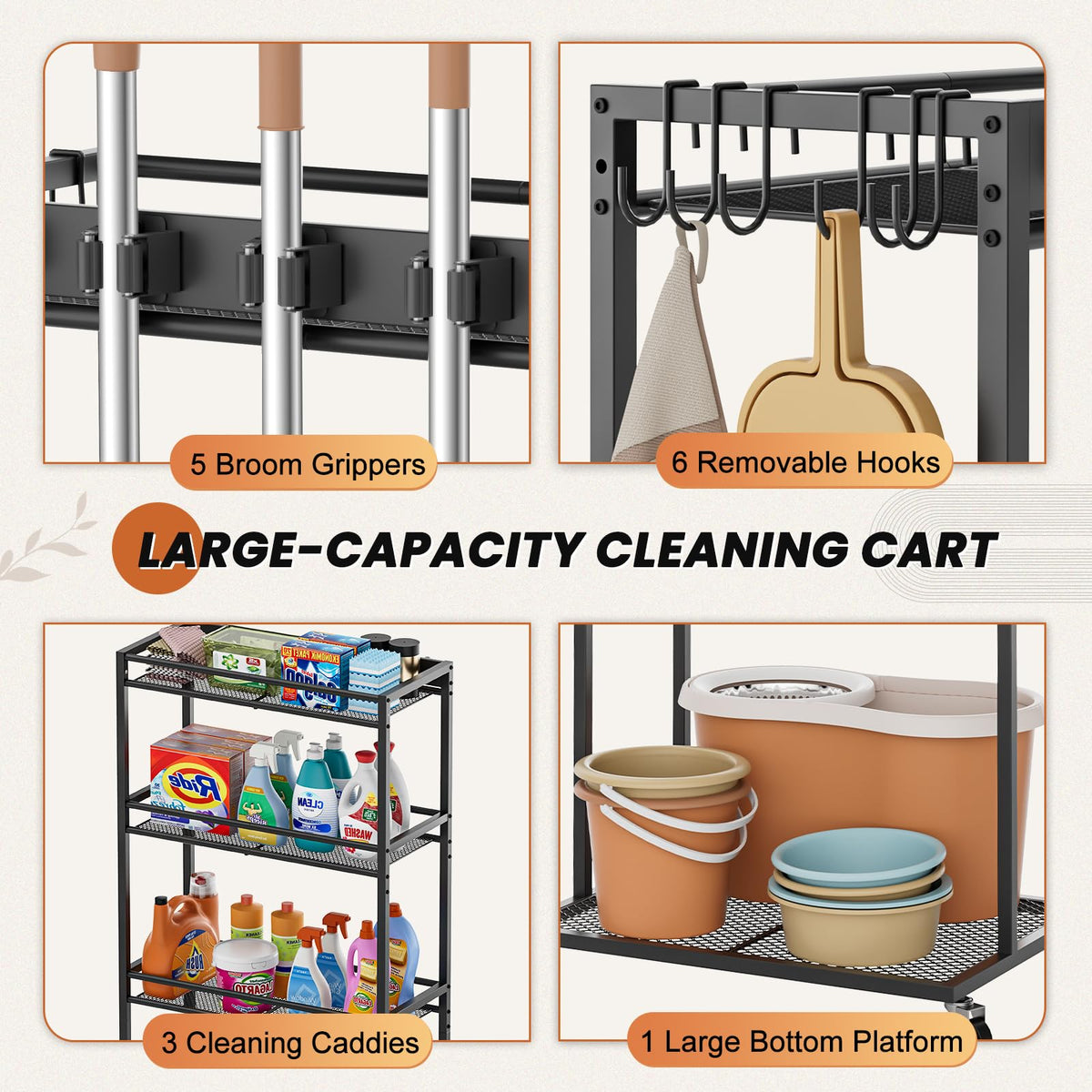 Broom Holder with Cleaning Supplies Organizer, Broom Closet Storage Cabinet with Mop Hanger Gripper Rack Hooks, Cleaning Housekeeping Janitorial Cart with Cleaning Caddy, Laundry Room Organization