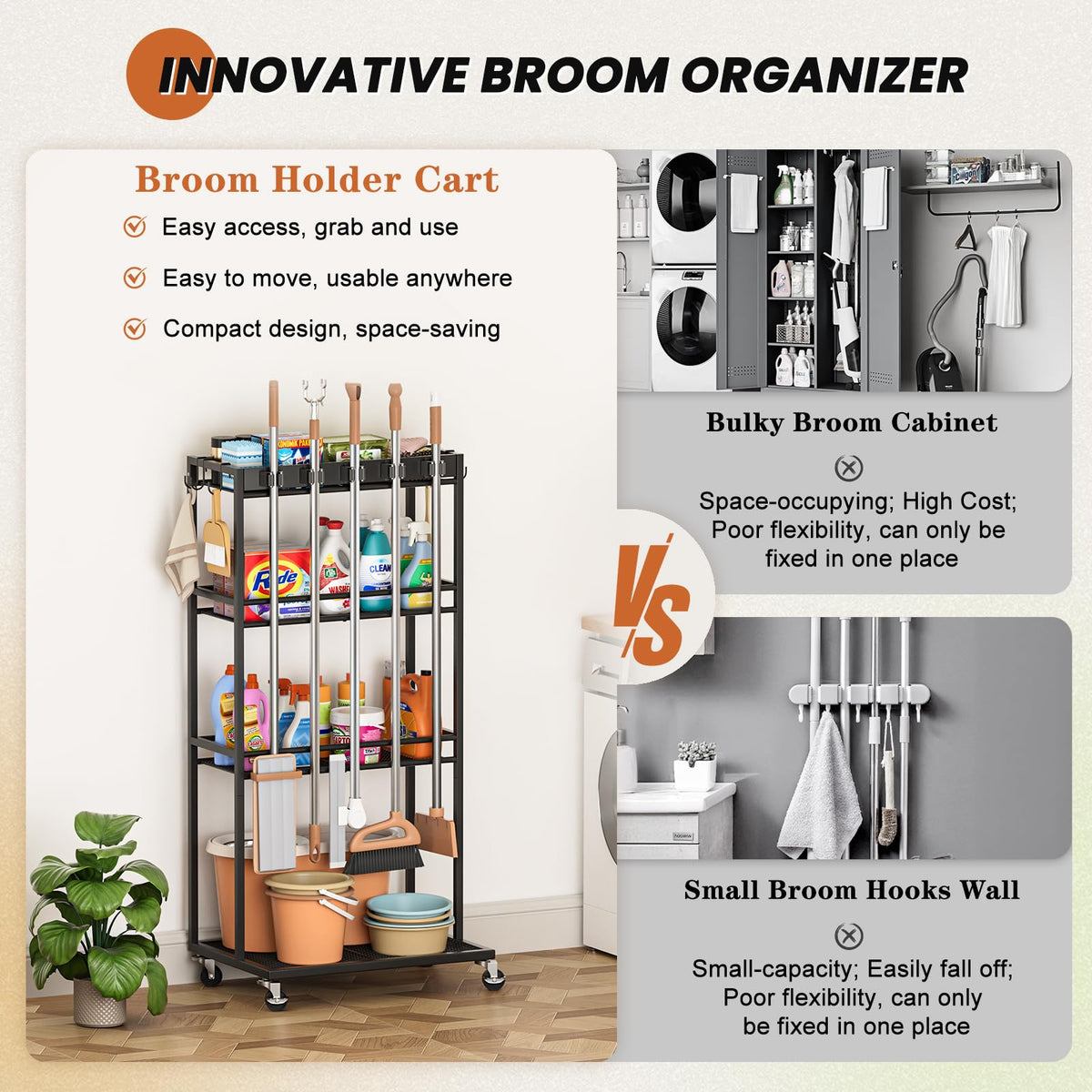 Broom Holder with Cleaning Supplies Organizer, Broom Closet Storage Cabinet with Mop Hanger Gripper Rack Hooks, Cleaning Housekeeping Janitorial Cart with Cleaning Caddy, Laundry Room Organization