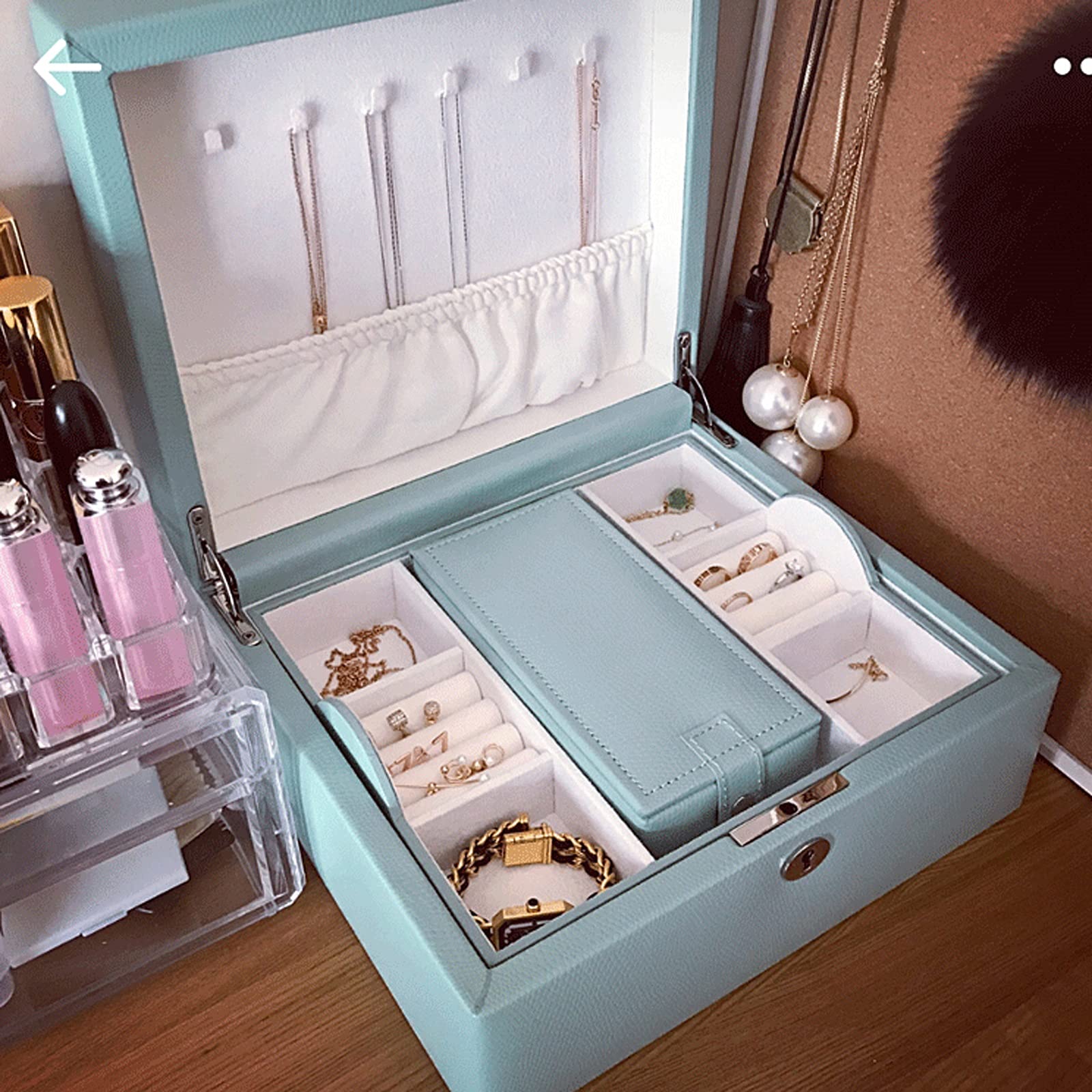 Jewelry case 2 Tier Large Capacity Jewelry Box Pu Leather Jewelry Organizer with Mirror & Lock, Earring Ring Necklace Storage Box Gift for Girls or Women Jewelry Box (Blu)