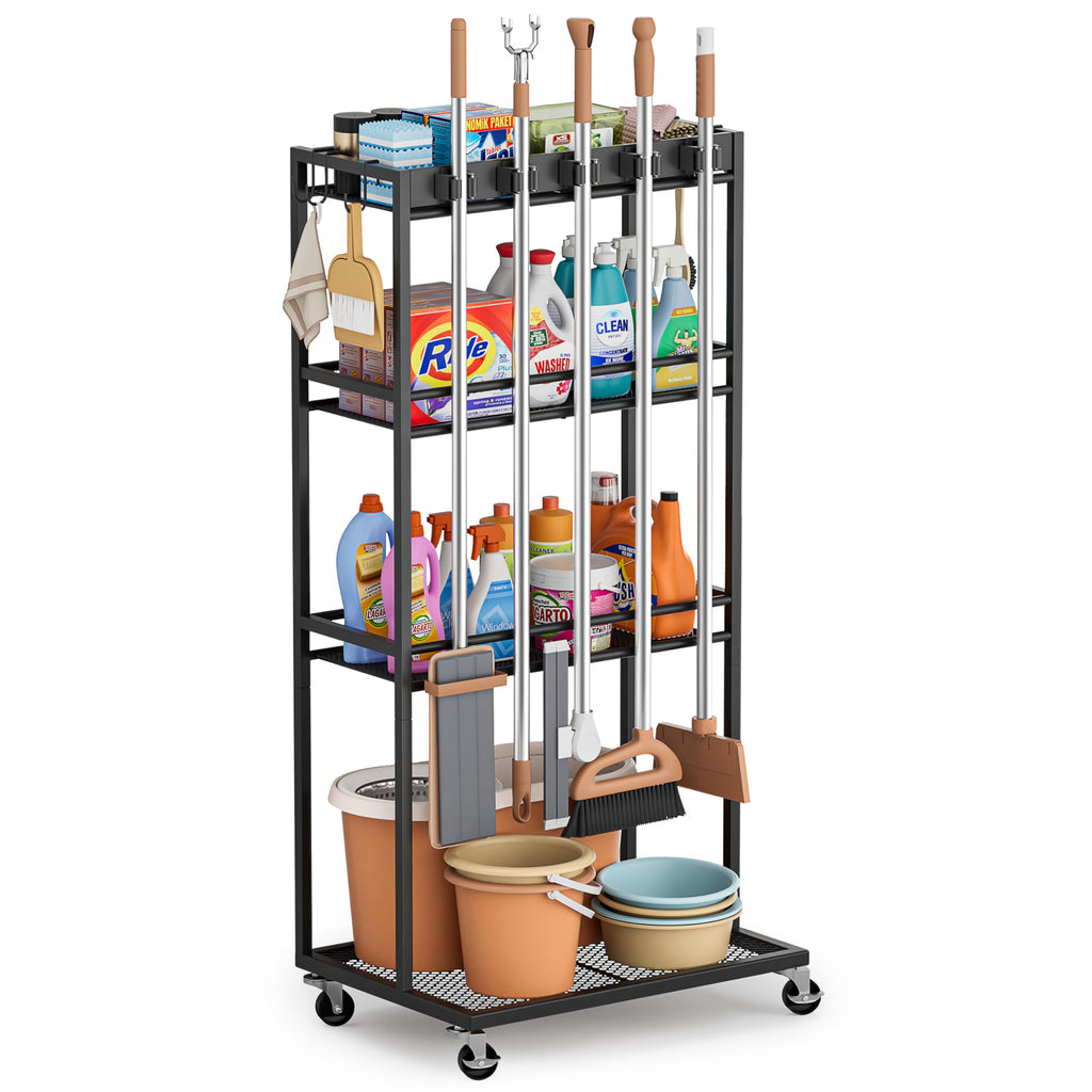 Broom Holder with Cleaning Supplies Organizer, Broom Closet Storage Cabinet with Mop Hanger Gripper Rack Hooks, Cleaning Housekeeping Janitorial Cart with Cleaning Caddy, Laundry Room Organization