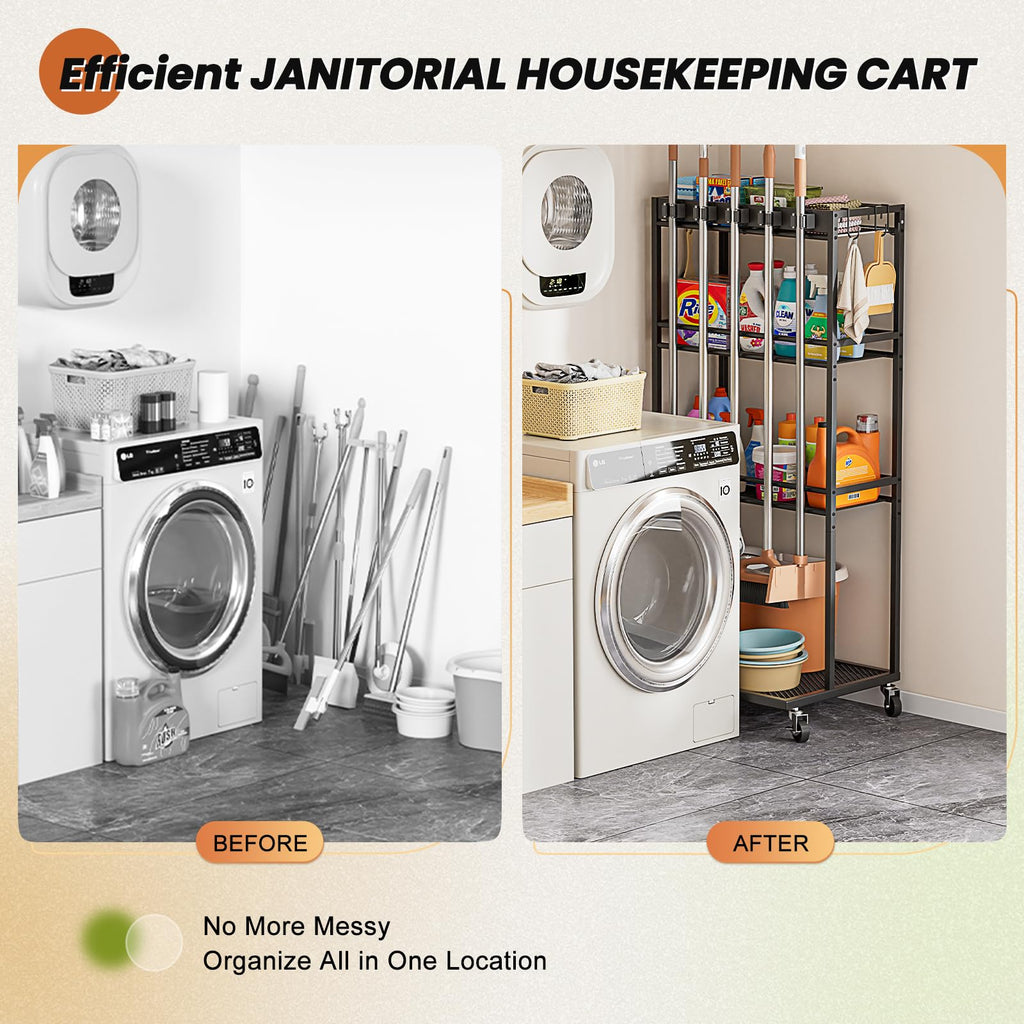 Broom Holder with Cleaning Supplies Organizer, Broom Closet Storage Cabinet with Mop Hanger Gripper Rack Hooks, Cleaning Housekeeping Janitorial Cart with Cleaning Caddy, Laundry Room Organization
