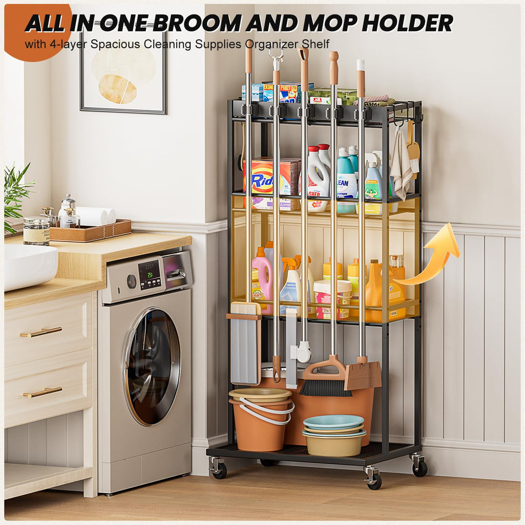 Broom Holder with Cleaning Supplies Organizer, Broom Closet Storage Cabinet with Mop Hanger Gripper Rack Hooks, Cleaning Housekeeping Janitorial Cart with Cleaning Caddy, Laundry Room Organization