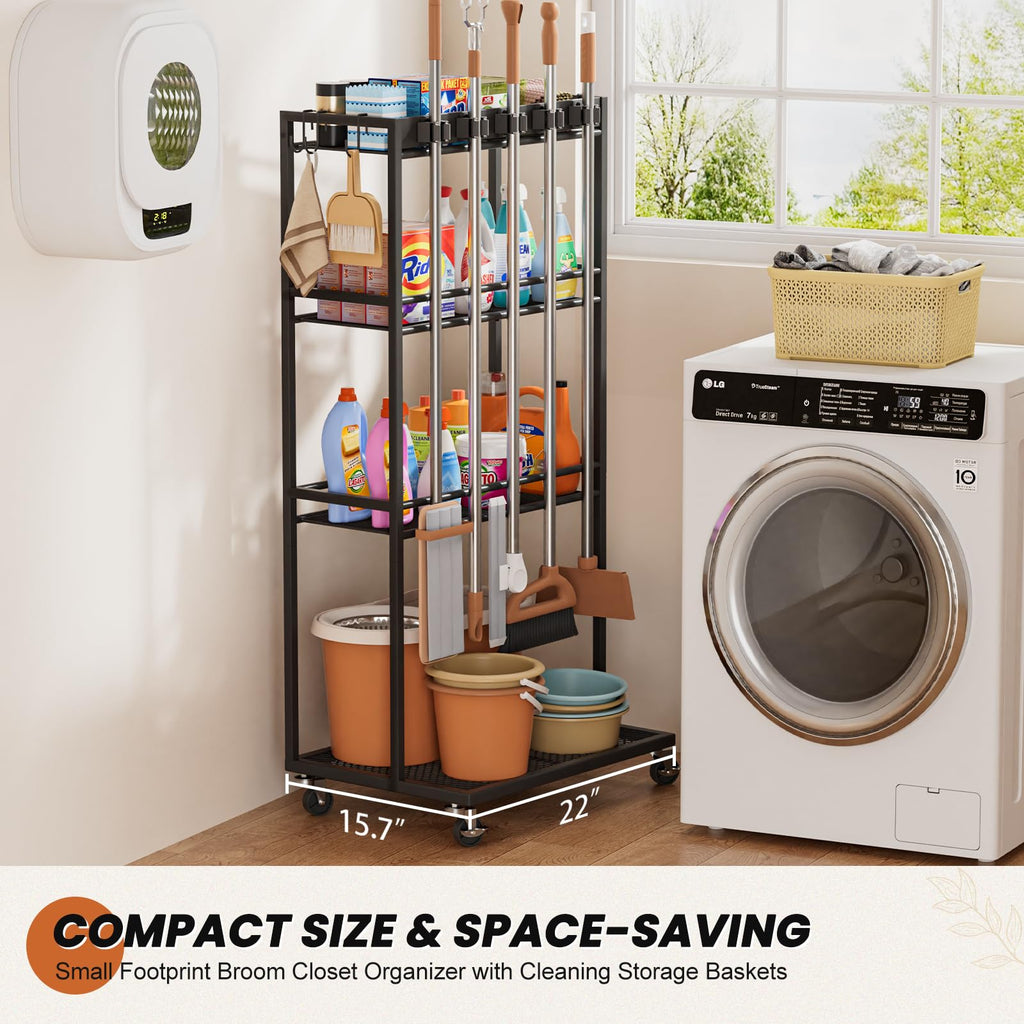 Broom Holder with Cleaning Supplies Organizer, Broom Closet Storage Cabinet with Mop Hanger Gripper Rack Hooks, Cleaning Housekeeping Janitorial Cart with Cleaning Caddy, Laundry Room Organization