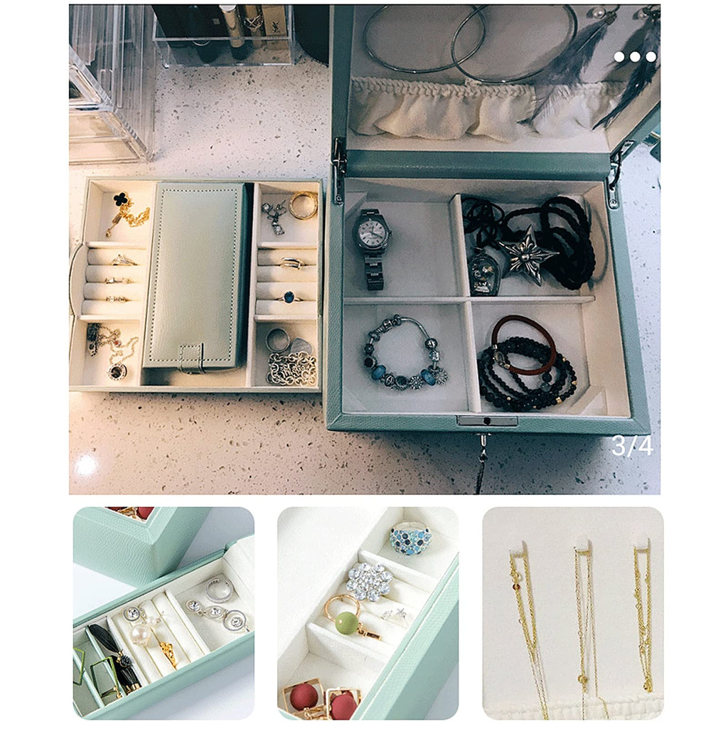 Jewelry case 2 Tier Large Capacity Jewelry Box Pu Leather Jewelry Organizer with Mirror & Lock, Earring Ring Necklace Storage Box Gift for Girls or Women Jewelry Box (Blu)